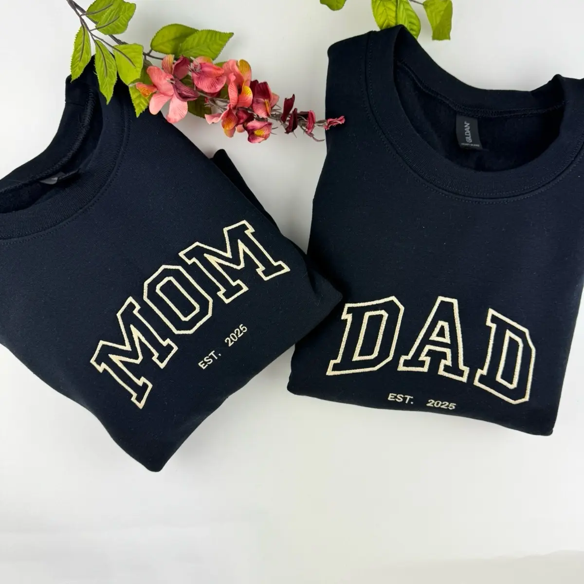 Mom and Dad Embroidered Set Sweatshirt with Custom Initials - Comfort, Tops Womenswear Clothing Sleeves Casual Crewneck Long Sleeve