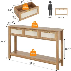 ELYKEN 51.2" Entryway Table with 3 Rattan Drawers, Boho Console Table Narrow with Storage, Long Sofa Table for Behind Couch Entry Hallway, Entrance, Living Room, Oak Brown