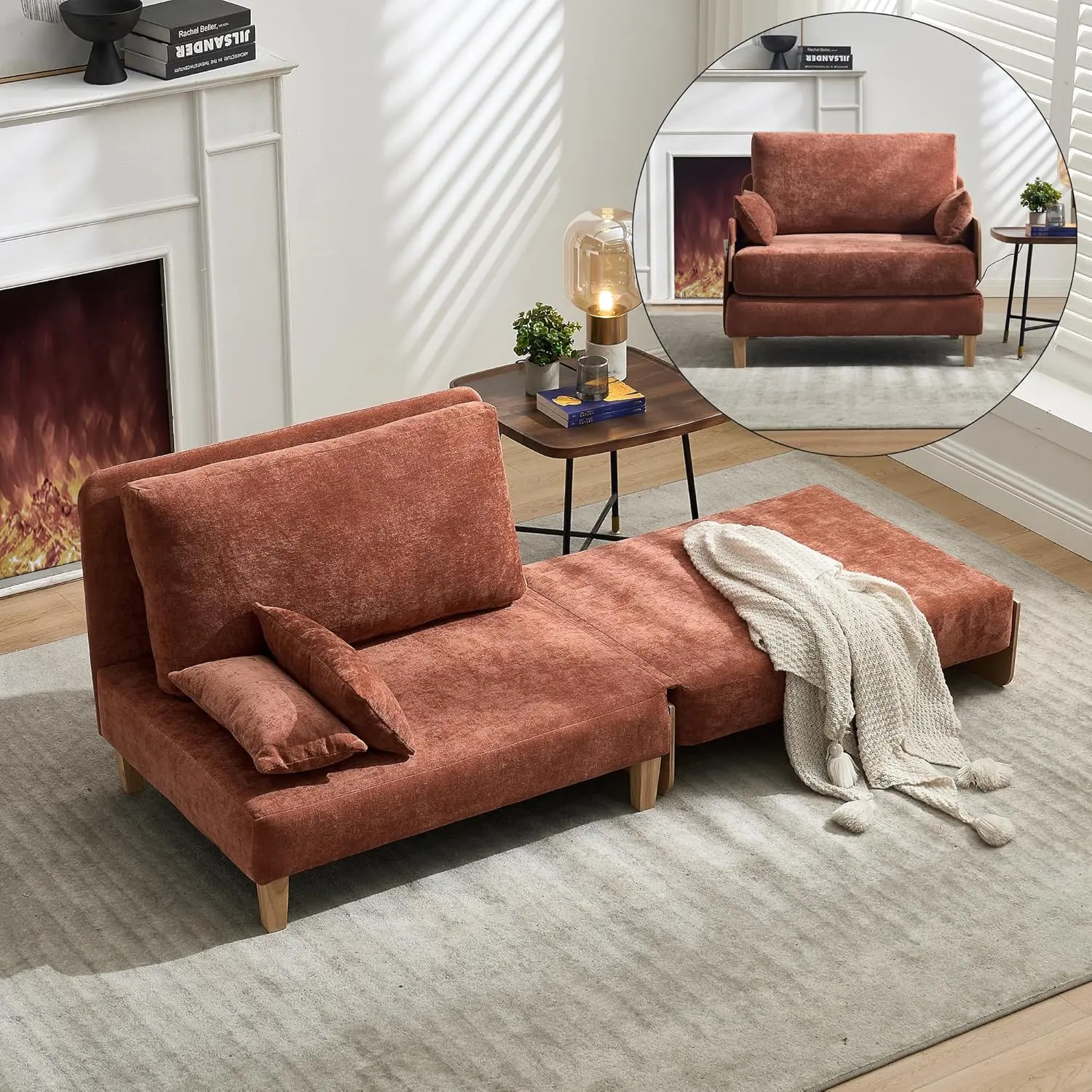 Modern Accent Chair, 2-in-1 Foldable Sofa Couch Convertible Sleeper Bed, Extra Wide Upholstered Armchair with 3 Pillows & Side Pocket for Living Room Bedroom (Orange)