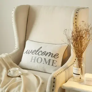 Welcome Home Decorative Throw Pillow, Embroidered, Gray Text, Linen, 20x14 Inches, Rectangular