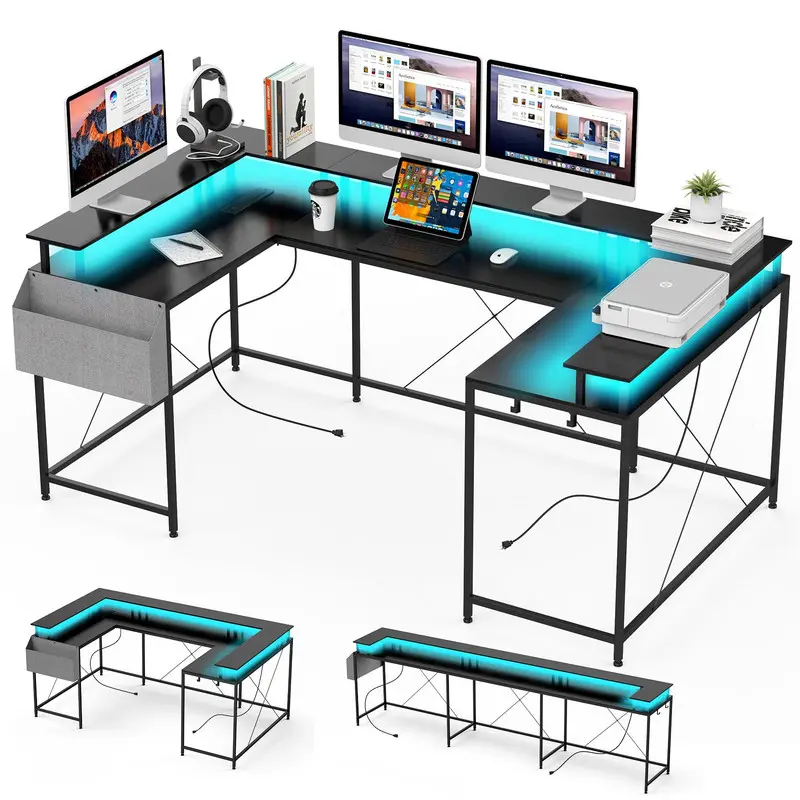 【Christmas Gift】Sturdy Engineered Wood Computer Desk with Metal Legs, 600 lbs Capacity, Power Outlets, USB Ports, RGB LED Strip, Monitor Stand, Reversible L-Shaped Design, Storage Shelves for Home Office