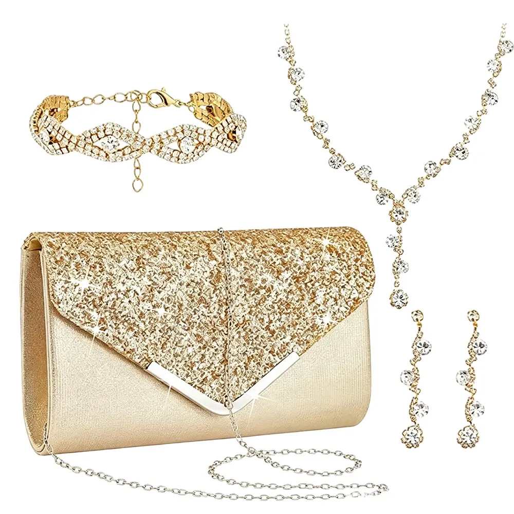 4 Pcs Purse Rhinestone Jewelry Set Prom Jewelry Rhinestone Clutch Purse Necklace Earrings Bracelets for Women Bride