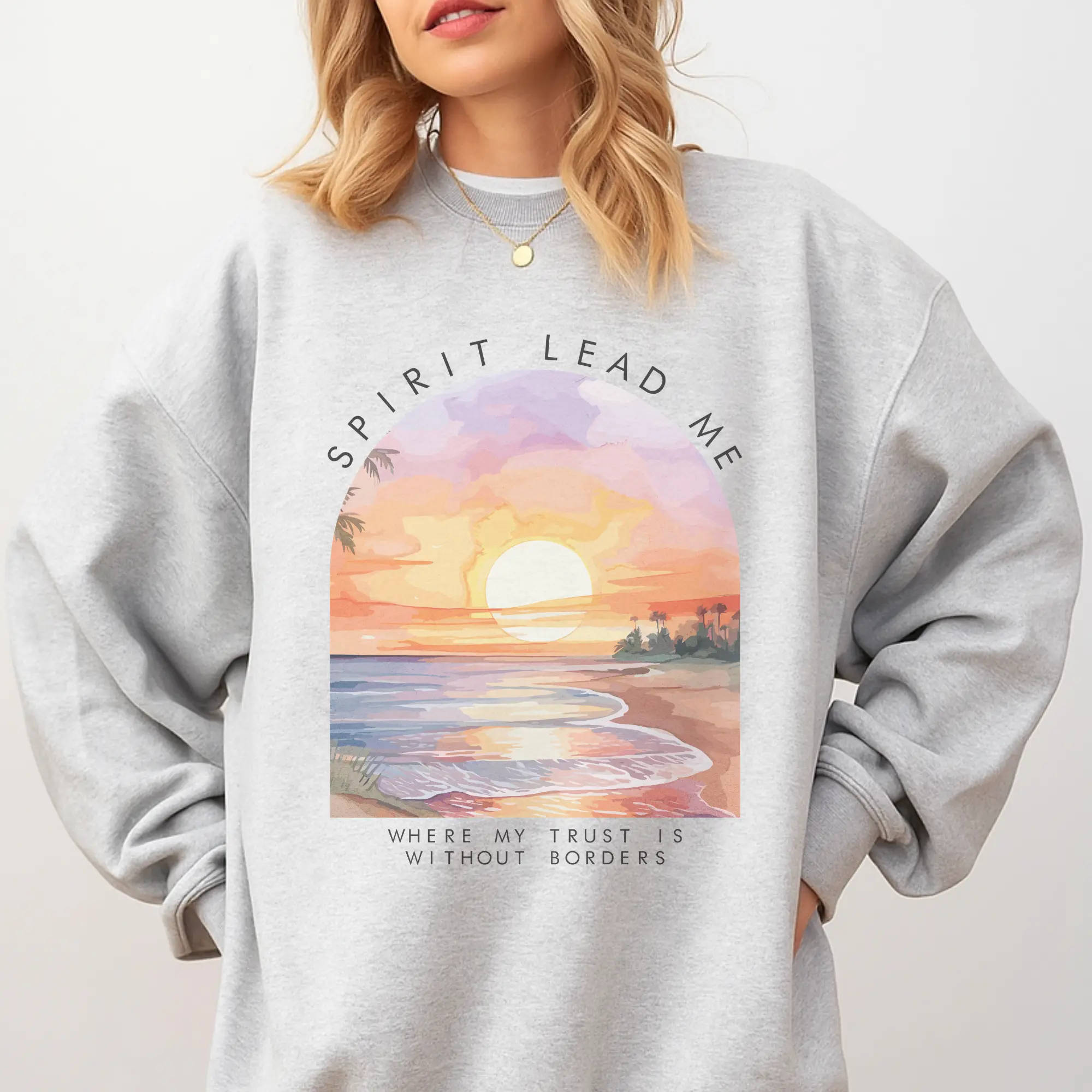 Faith - Spirit Lead Me Sunset - Ash Grey - Sublimation-  - Unisex Jersey Sweatshirt