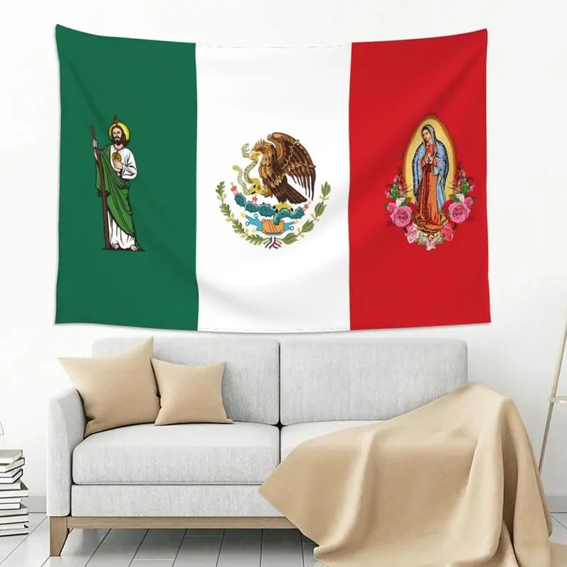 Mexican Flag Tapestry with San Judas Tadeo & Virgen de Guadalupe, 60x40in Anti-Pilling Cotton-Linen Decorative Wall Decor, Living Room & Outdoors Use, Strong Hand Wash Only Home Supply