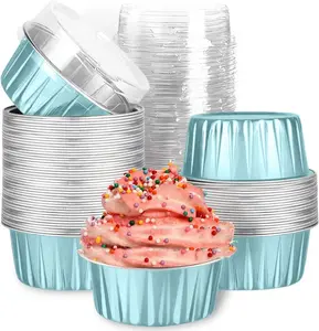 50pcs Mixed Color Disposable Aluminium Foil Ramekins with Lids - 5oz Mini Baking Cups for Creme Brulee, Cupcakes, Cheesecake & Flan | Party Dessert Containers & Molds to-go drink
