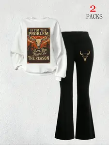 Women's Casual Loungewear Slim-Fit Warm Sweatshirt Set, Thick Knit Fabric Winter, Round Neck Long Sleeve Top & Comfortable Pants, Womenswear