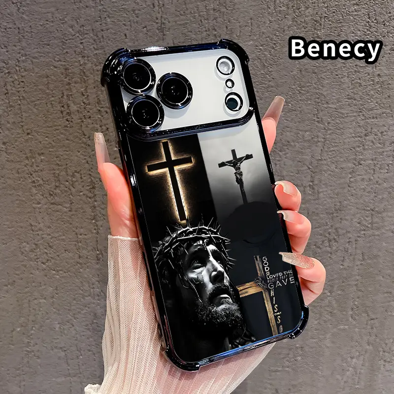 Four Corner Airbag Anti-Collision Electroplated Phone Case for iPhone 17 Pro Max 16 15 Plus Air 14 13 12 11 E Divine Sacrifice Faith Pattern Protection Smartphone Cover Cellphone Protective Shockproof Casing