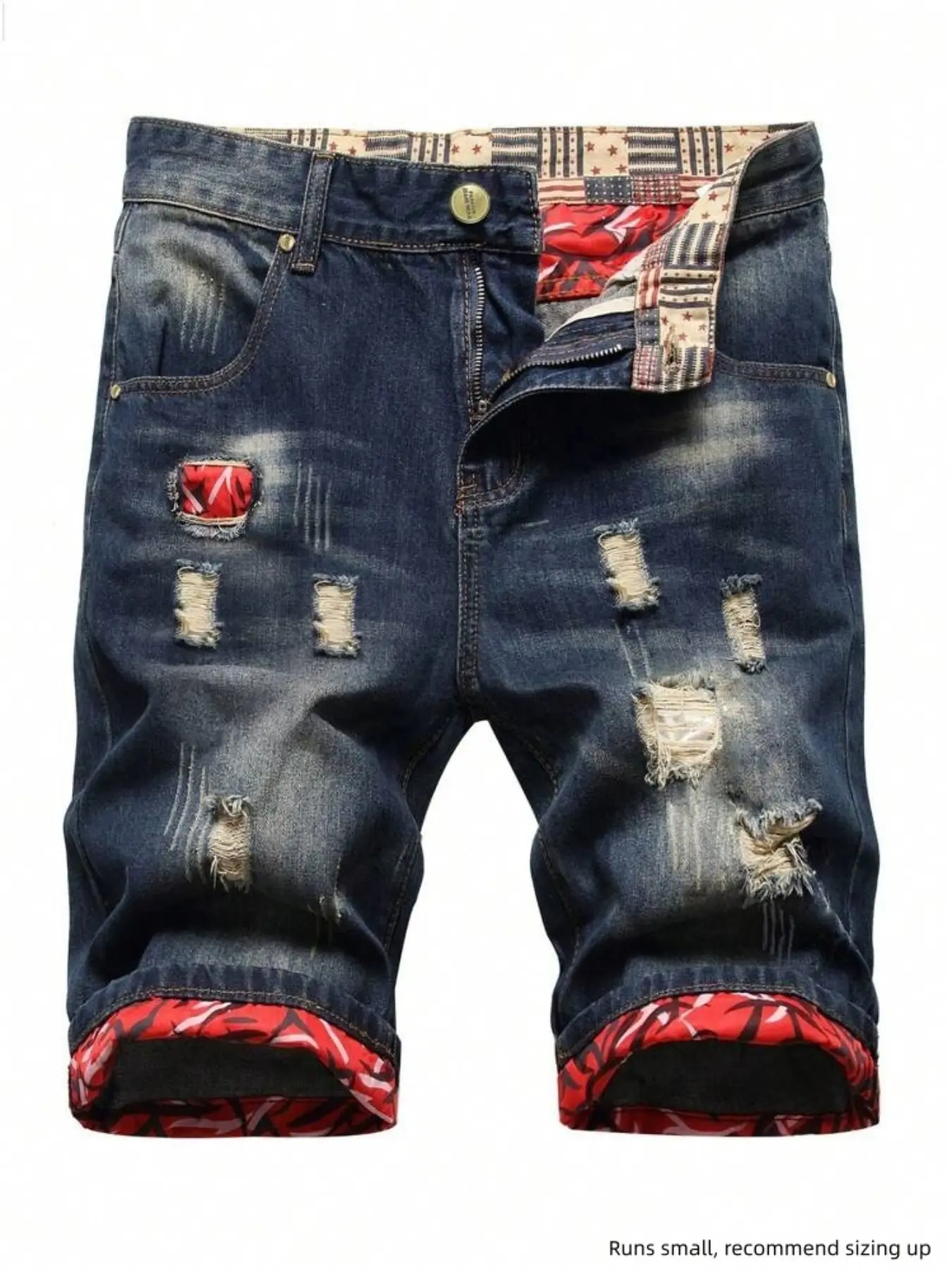 Men's Patchwork Denim Shorts, Fitted Casual Fashion Shorts for Summer, Men's Bottoms for Daily Wear, Casual Pocket Shorts, Button Ripped Shorts, Cut Off Shorts