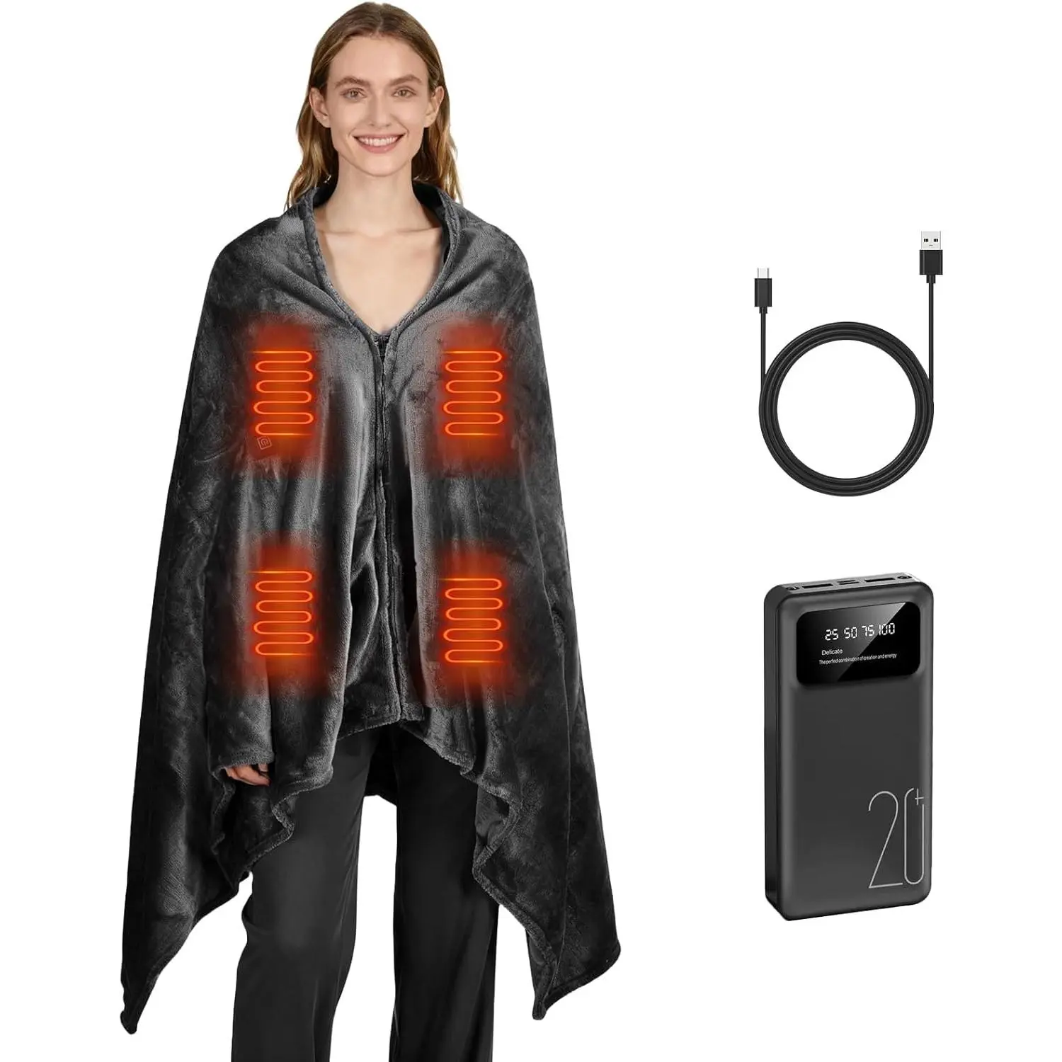 Portable Heated Blanket Battery Operated, 20000mAh Battery Rechargeable Heated Blanket with 3 Heating Levels, 70"x40" USB Wearable Electric Blankets for Ca