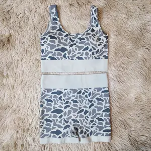 Sleeveless camo plaid printed bras top & shorts seamless women summer active wear