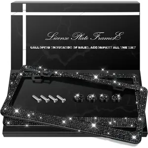 2 Pack Bling License Plate Frames, Sparkly Rhinestone Diamond Car License Plate Cover for Women, Stainless Steel Car Accessories with Glitter Crystal Caps