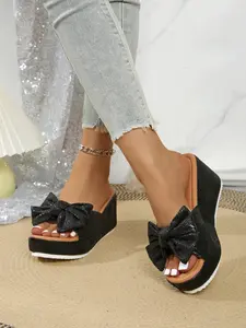 Women's Fashion //burgundy Bow Thick Sole Wedge Sandals, Summer Outdoor Y2K Style, Lightweight Comfortable Footwear