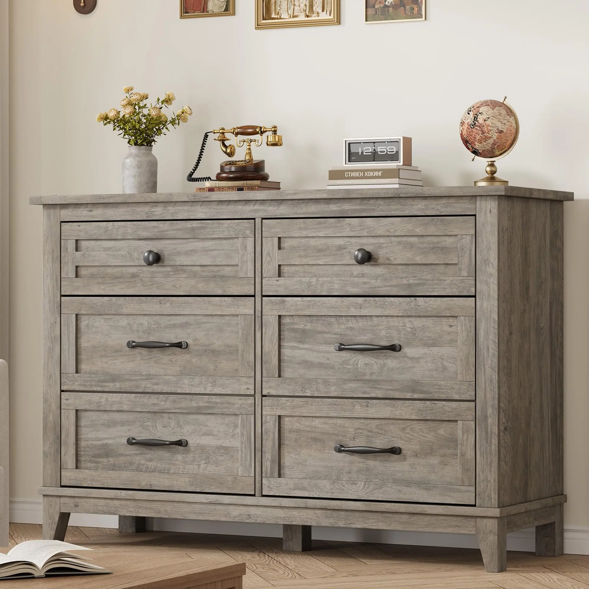 6 Drawer Wooden Dresser For Bedroom, 47 Inch Wide Chest Of Drawers, Freestanding Wood Dresser Storage Cabinet For Bedroom Living Room Entryway Home Organizer