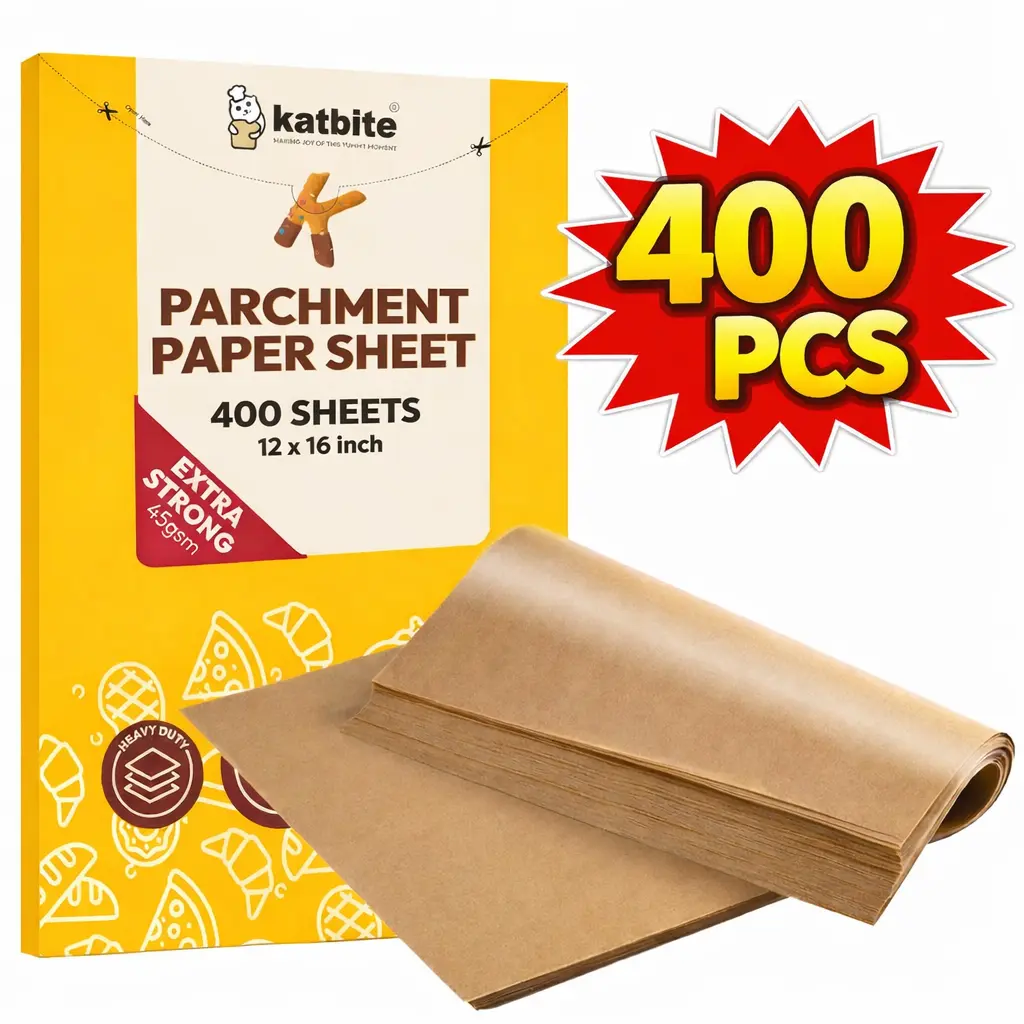 Katbite 300/400 Sheets Parchment Paper,12x16 In Unbleached Pre-Cut Baking Sheets,Heavy Duty Non-Stick Baking Paper for Air Fryer,Oven,Cookie Sheet,Bread,Cake,Grilling,Steaming,Freezing,Meal Prep and Food Wrapping,Kitchen Liners,Heat Resistant to 450°F