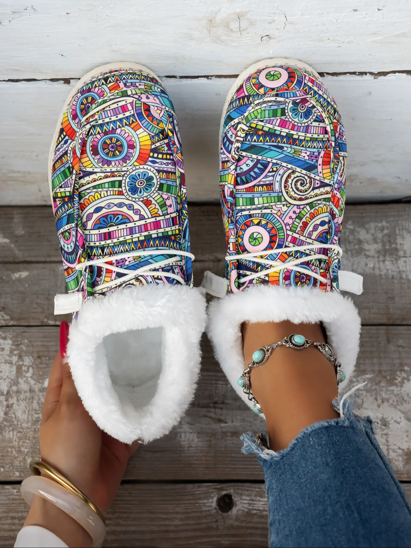 Women's Fall Winter Boho Style Slip-On Loafers, Round Toe Lace-Up Casual Shoes, Warm Textile Upper Eva Sole, Low Top Ankle Boots, Casual Fashion Shoes, Trendy Shoes
