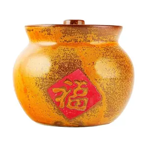 Golden Lion Ceramic Stew Pot with "Fu" Character Glaze - Large Size (10.6x10.6x9cm, 400ML) - Ideal for Soups, Porridge, and Double-Boiling