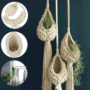 Macrame Air Plant Hanger Handmade Cotton Rope Wall Basket for Indoor Outdoor Home Garden Decor Boho Gift with Tassels