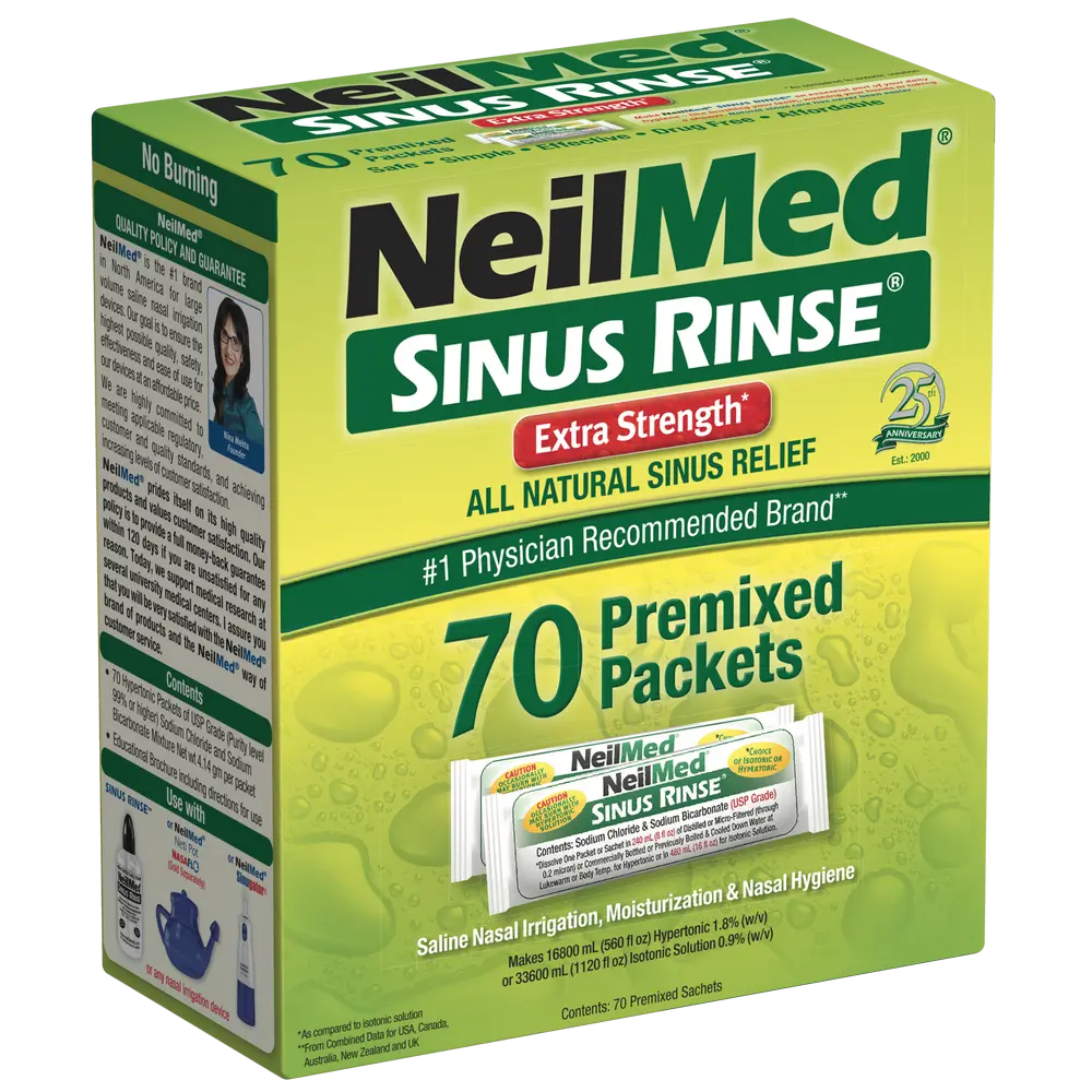 NeilMed Sinus Rinse Extra Strength Hypertonic Packets - All Natural Saline Nasal Wash for Sinus & Allergy Relief, 70 Premixed Packets