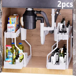 Two-Piece Double-Tier Under-Sink Storage Rack Set R-Type Double-Tier Pull-Out Under-Sink Storage Rack Kitchen & Bathroom Sink Under-Sink Storage Rack - White