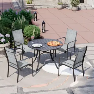 5-Piece Patio Dining Set with Textilene Chairs & Weather-Resistant Iron Round Table, Adjustable Umbrella Hole for Backyard, Poolside, Deck, Lawn, Gray/Blue/Brown