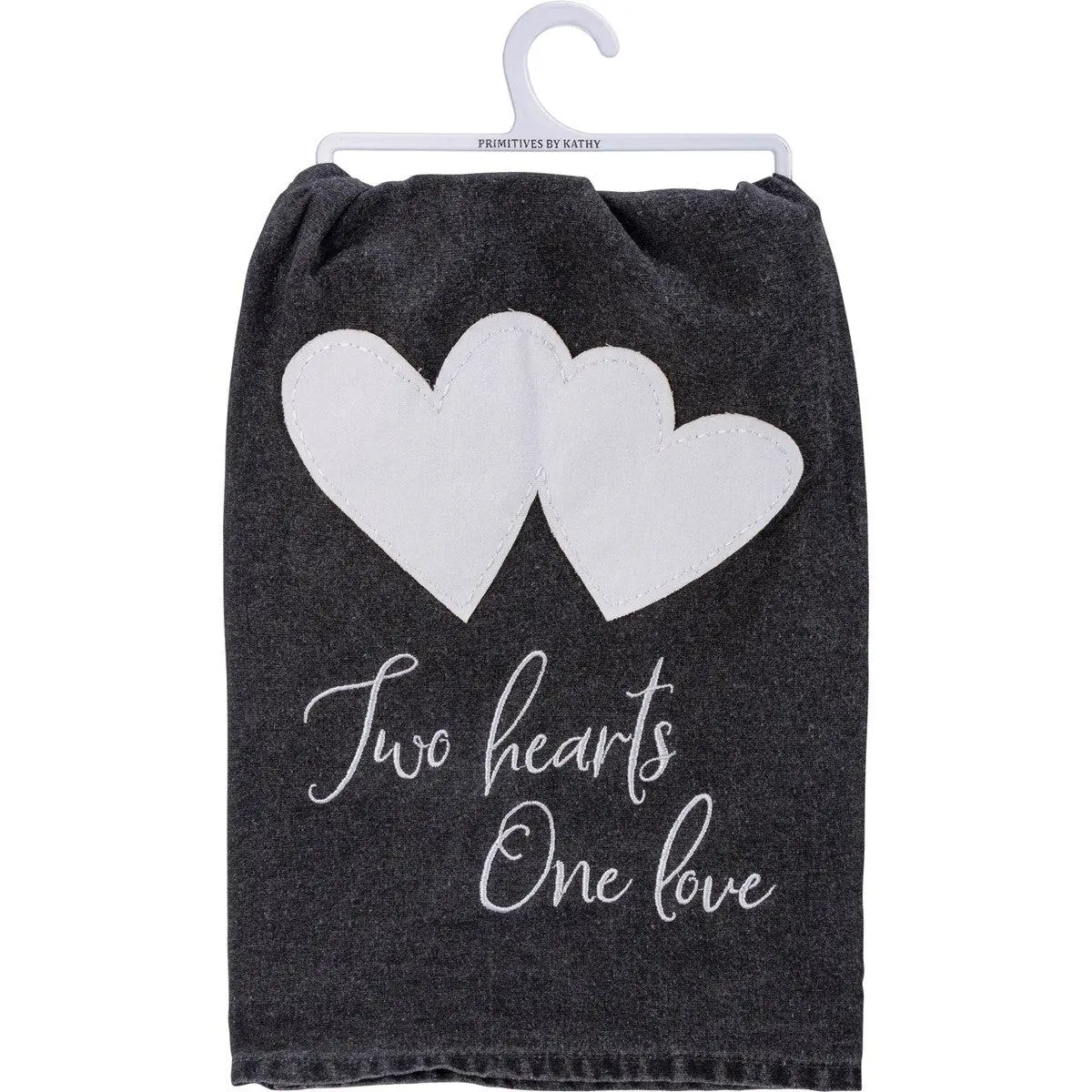 Primitives by Kathy Two Hearts One Love Kitchen Towel Black and White Stonewashed Cotton Tea Dish Cloth 28x28 Absorbent Durable Valentine's Gift