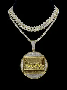 2Pcs/3Pcs Hip Hop Last Supper Pendant Big Jesus Iced Out Golden Cuban Link Design Charm Necklace Fashion for Men Gift for My Men Hip Hop Accessory Cuban Link Chain