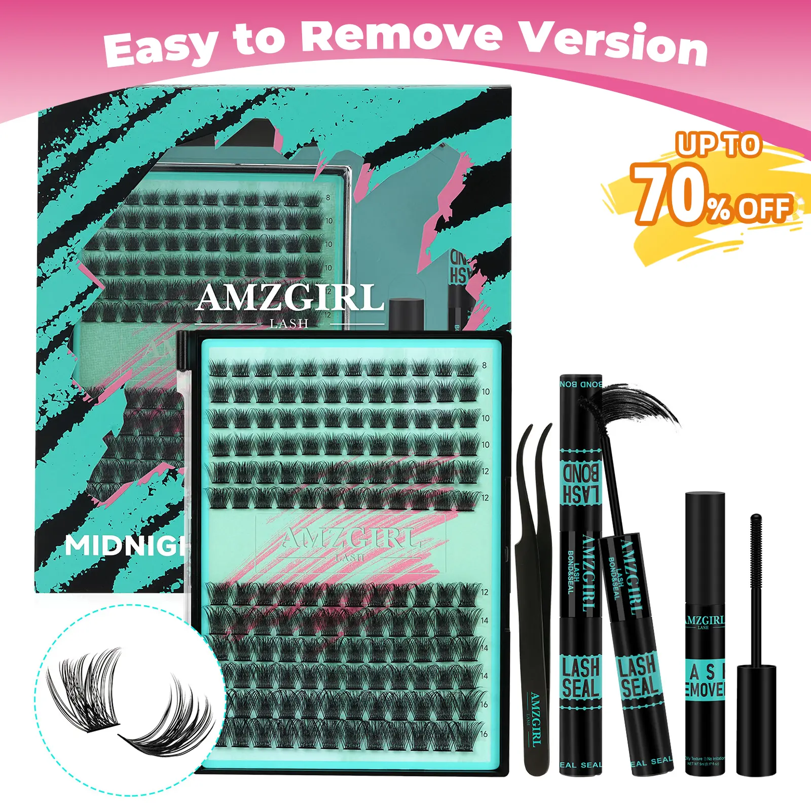 【Flash Sale】AMZGIRL LASH DIY Lash Extensions Kit 144pcs Midnight Waterproof Eyelashes Makeup Cosmetic Set with Bond Seal Remover Applicator  for Summer Outfits & Vacation Looks