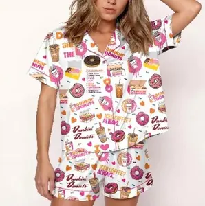 Dunkin Donuts Pajamas Set, Pickle Donuts Satin Sleepwear Design, Festive Pajamas Set, Loungewear Gift for Her