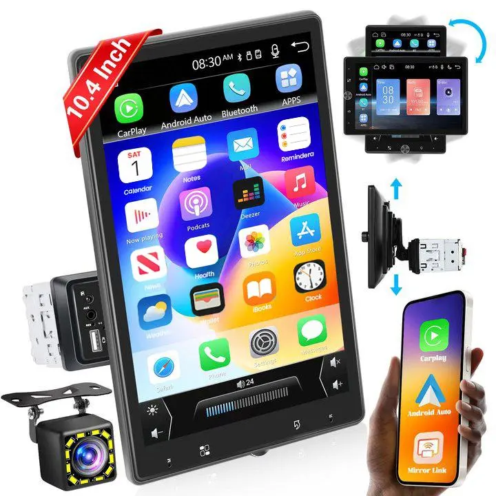 10.4" Single Din Touchscreen Car Radio - Wireless Carplay Screen, Android Auto, Bluetooth Mirroring, Voice Control, FM Radio, Navigation, 16-Band EQ, USB/TF/AUX, 12-LED HD Backup Camera, Car Electronics (Father's Day Gift), Car Screen Carplay