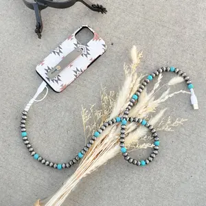 Navajo Style Pearl & Turquoise Beaded Western Charging Cord - 3ft or 7ft