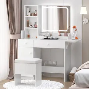 IRONCK Vanity Desk Furniture with LED Lighted Mirror, Power Outlet, Drawers, Cabinet & Storage Stool for Bedroom
