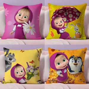 M-Masha And B-Bears Cushion Cover Soft Short Plush Fabric Double-Sided Print | Organic, Breathable,Sofa Pillow Case,Invisible zipper Mite Removal Durable Materia | Warm Winter Home Child Gift