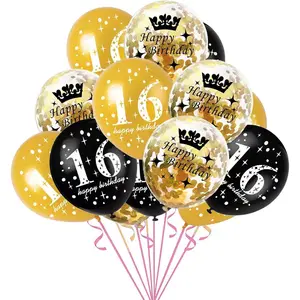 16th Birthday Decorations Black and Gold Sweet 16 Birthday Balloons Latex Gold Confetti Balloon 16 Years Old Theme Happy Birthday Party Supplies 12 Inch 15 Pack