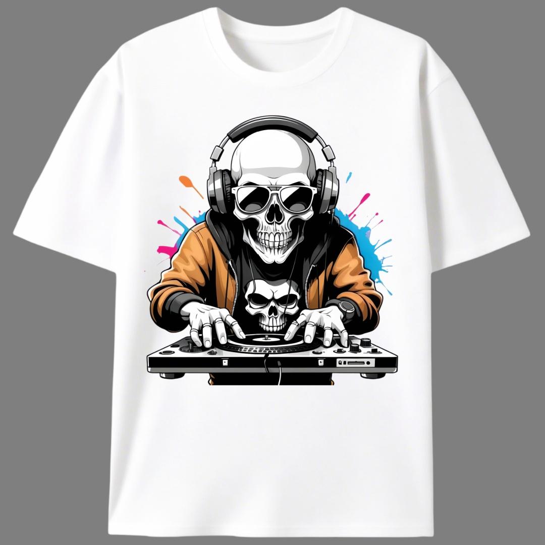 DJ Skeleton Summer T-Shirt, Men's Unisex Streetwear Graphic Tee, EDM Music Festival Skull Casual Shirt for Men & Women