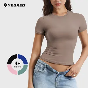YEOREO Women Fitted Workout Tops Short Sleeve Double Lined Basic Y2K Going Out Crew Neck Compression Crop Top SpringStatements Style