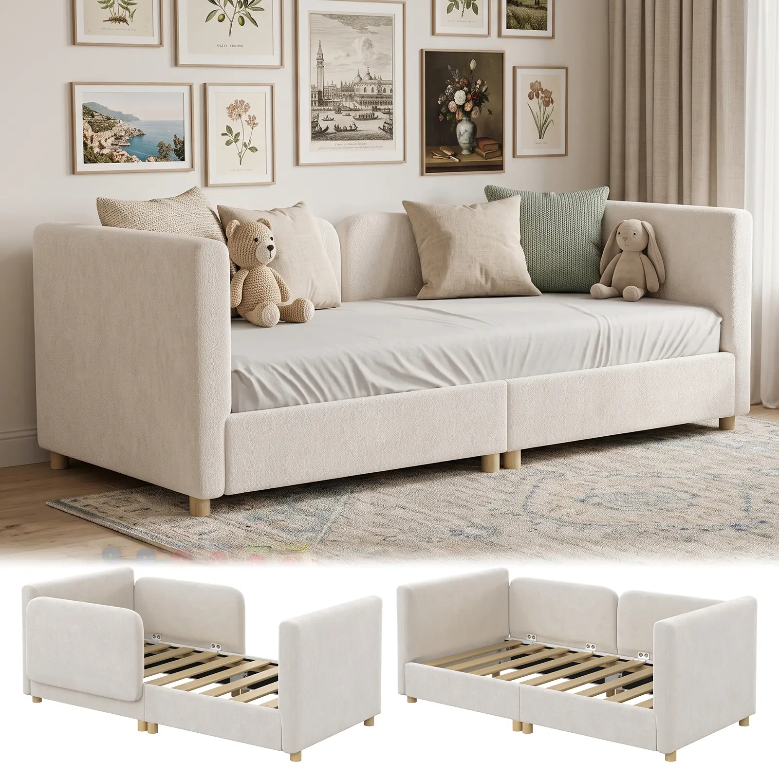 Lilypelle Kids 3-in-1 Convertible Modular Sofa Bed - Modern Toddlers' Cozy Reading Corner Sofa with Removable Rails, Cushion, Boxed Edge, Extendable Montessori Floor Bed, Fits Crib Mattress for Kid Room Use