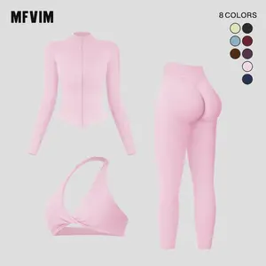 MFVIM Women's Solid Criss Cross Crop Tank Top High Waist Leggings Zip Up Crop Jacket Tracksuit Set Breathable Comfortable Outfits for Yoga Gym Workouts Running Yoga Wear Workout Gym Clothing Gym Sportswear Casual Activewear Athletic Activ