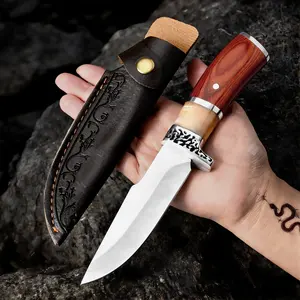8.58 Inch Ultra Sharp Hunting Knife for Kitchen - Premium Stainless Steel Cooking Knife with Engraved Sheath for Meat and Fish Stunning Wood & Resin Handle