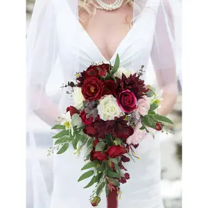 Rinlong 13.7 inch wide Burgundy Cascading Bridal Bouquet Wedding Flower
