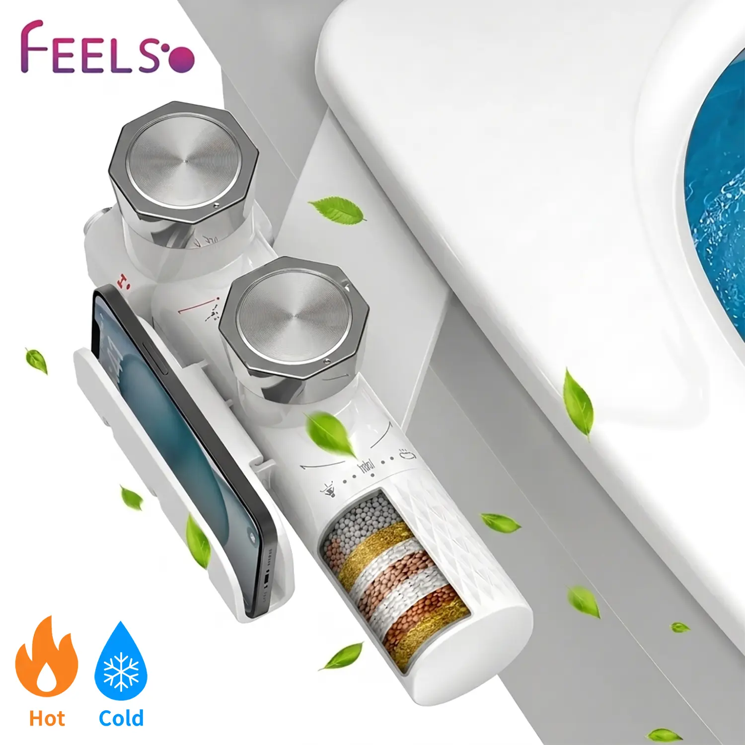 FEELSO Non-Electric Hot & Cold Water Bidet Attachment with Filter, 3 Cleaning Modes, Plastic Body, Hygienic Wash, Teflon Tape, Installation Hardware, Lightweight Daily Use Bathroom Fixture (Reduces Toilet Paper Use), Filter Built-In