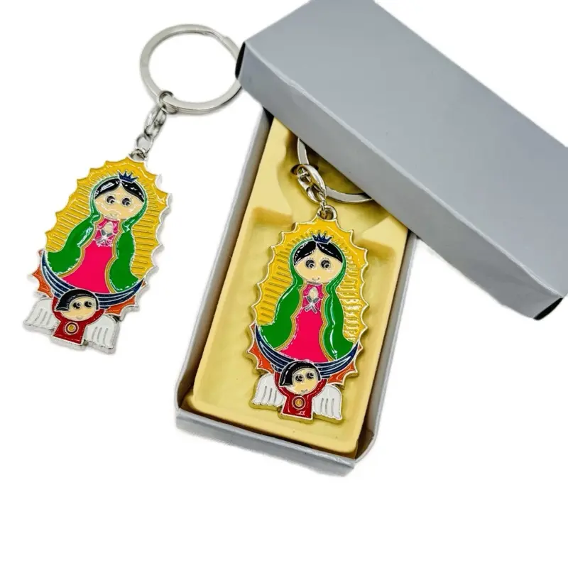12pcs High-Quality Metal Coating Virgen de Guadalupe Cartoon Badge Keychains - Chibi Character Enamel Keychain Charms, Compact Baptism Favor Key Accessories, Keychain Charm