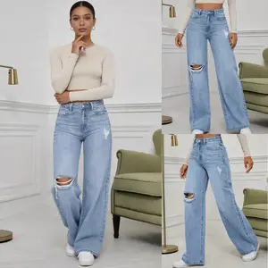 Women's High Waist Stretch Denim Wide Leg Pants – Distressed Destroyed Jeans for Casual Comfort Fit