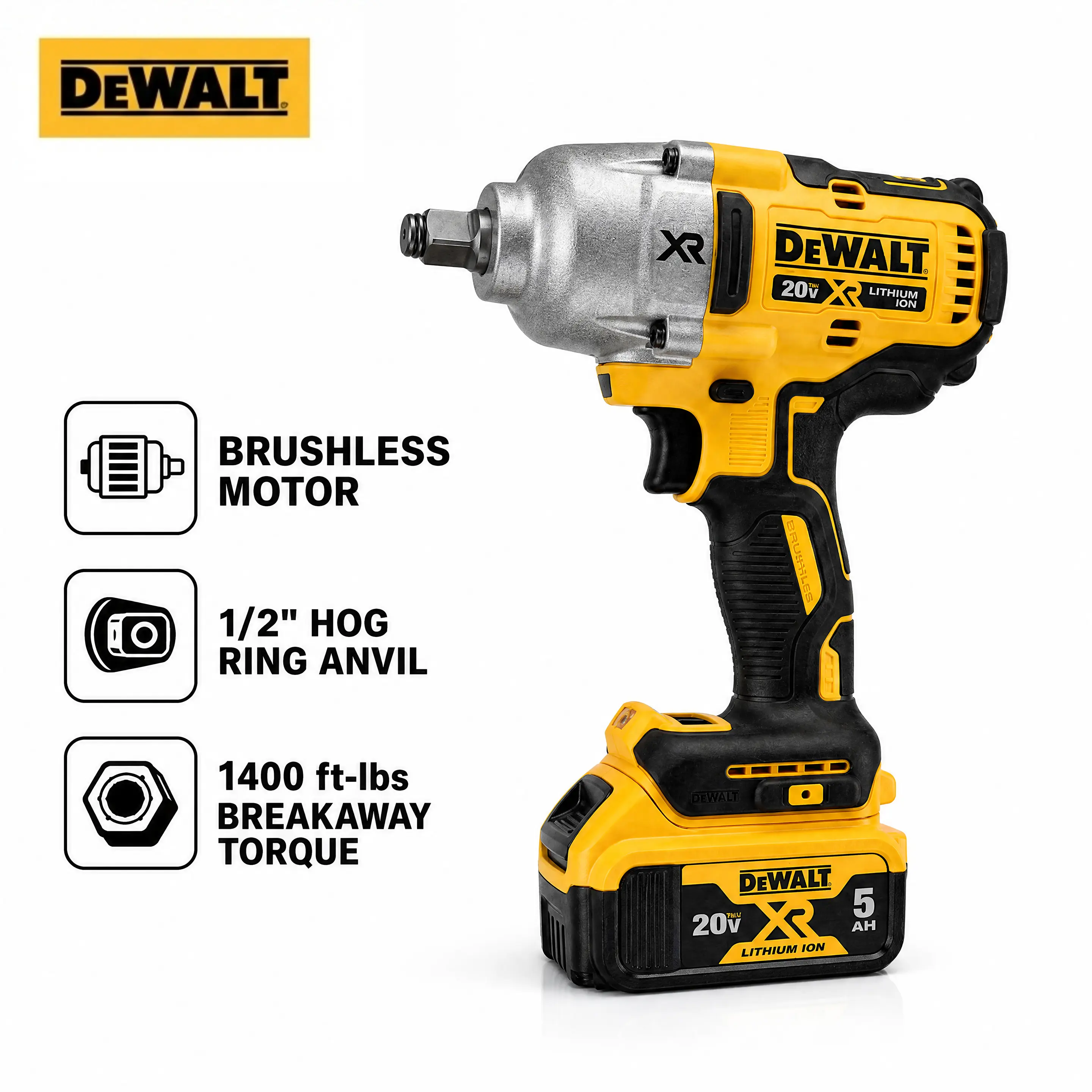 DEWALT DCF900 Portable High Torque Impact Wrench Compatible With DEWALT 20V MAX Lithium Battery Series, Adopts 1/2 Inch Hog Ring Square Drive, Applied To Engineering Machinery And Auto Repair Tasks, Supports Variable Torque Settings Up To Maximum 900Nm