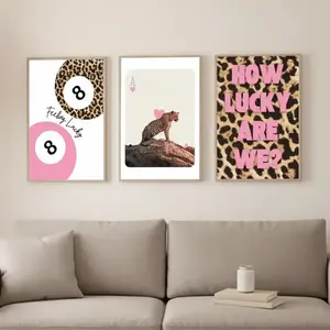 3 Piece Set Girl Leopard Print Canvas Wall Art, Fashionable Leopard Pattern Poster, University Style Apartment Decoration, Modern Home Decor