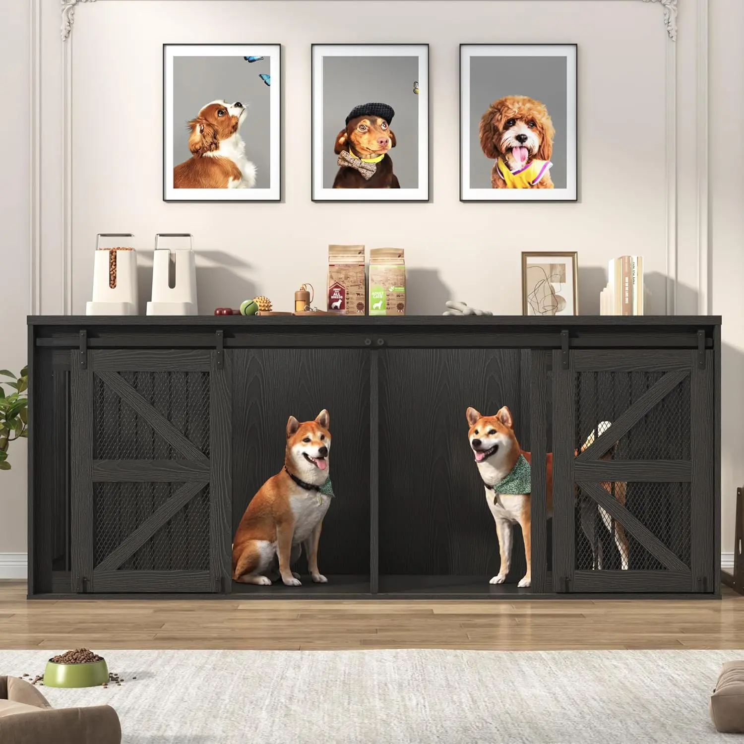 87In/95In Farmhouse Dog Crate TV Stand, Wooden Dog Kennel Furniture with Sliding Metal Mesh Barn Door, Large Dog Crate Furniture for 2 Dogs, Solid Metal Tube & 2 Lockable Doors, White & Brown/Rustic Brown/Black