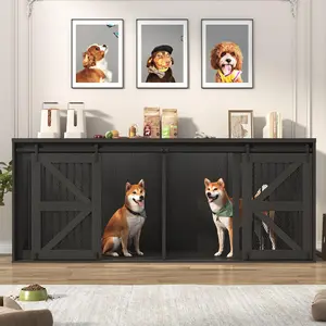 87In Farmhouse Dog Crate TV Stand, Wooden Dog Kennel Furniture with Sliding Metal Mesh Barn Door, Large Dog Crate Furniture for 2 Dogs, Solid Metal Tube & 2 Lockable Doors, White & Brown/Rustic Brown/Black