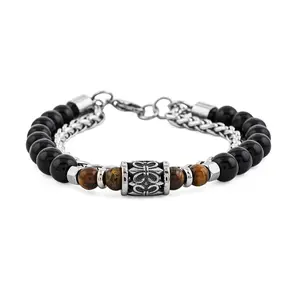 Tigers Eye and Black Onyx 32.80 ctw Beaded Bracelet in Stainless Steel 8-9In