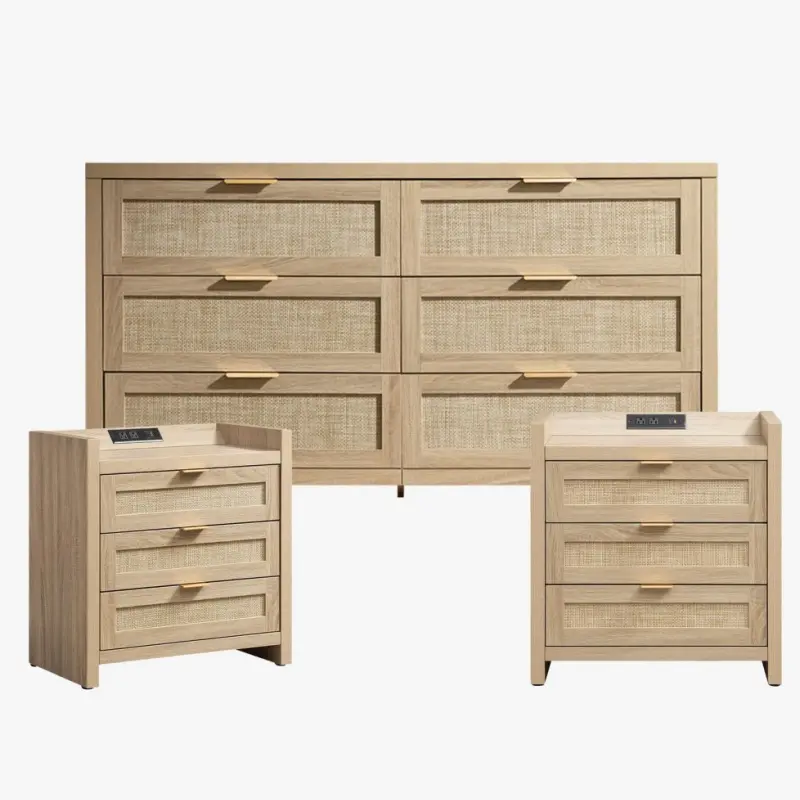 6 Drawers Dresser and Nightstand Set（Light Oak）