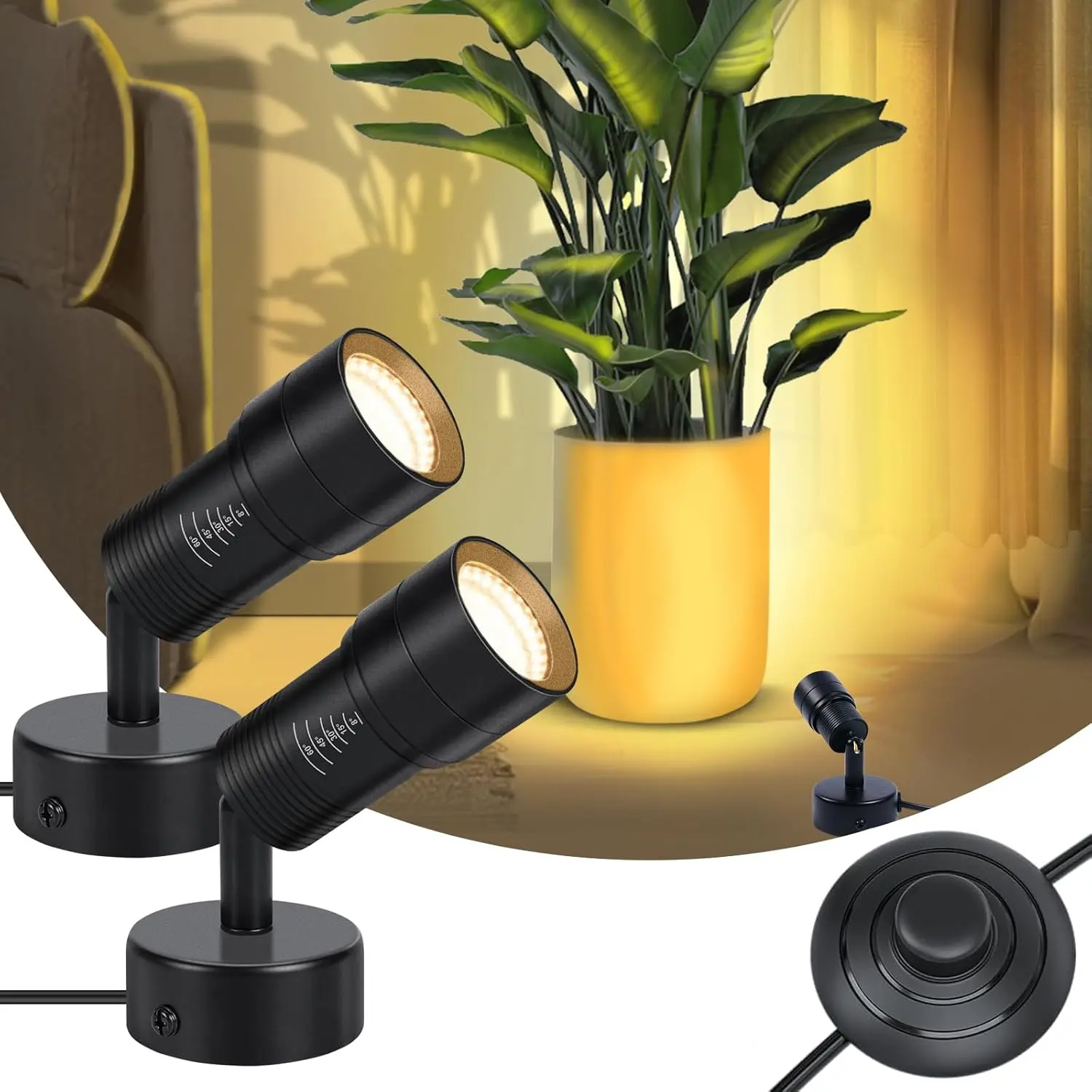 Uplights Indoor, 10W LED Uplighting & Spot Lights with oomable 8°-60° Focus Head, 3000K Accent & Floor Can Light for Plants Artwork Decor, 5.9 FT Plug Cord with Foot Switch, 2 Pack
