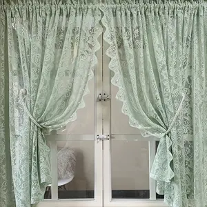 2pcs Luxury Beaded Lace Short Curtains, Kitchen Small Window Filter Curtain, Half Window Coffee Shop Romantic Pocket Curtain, Home Decor
